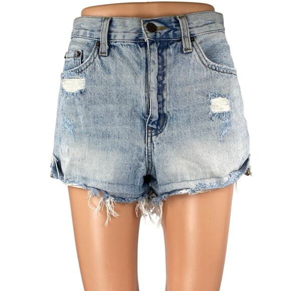 Pistola Women's Blue Light Wash Distressed Frayed Cut Off Denim Jean Short Sz 27 - Picture 1 of 5